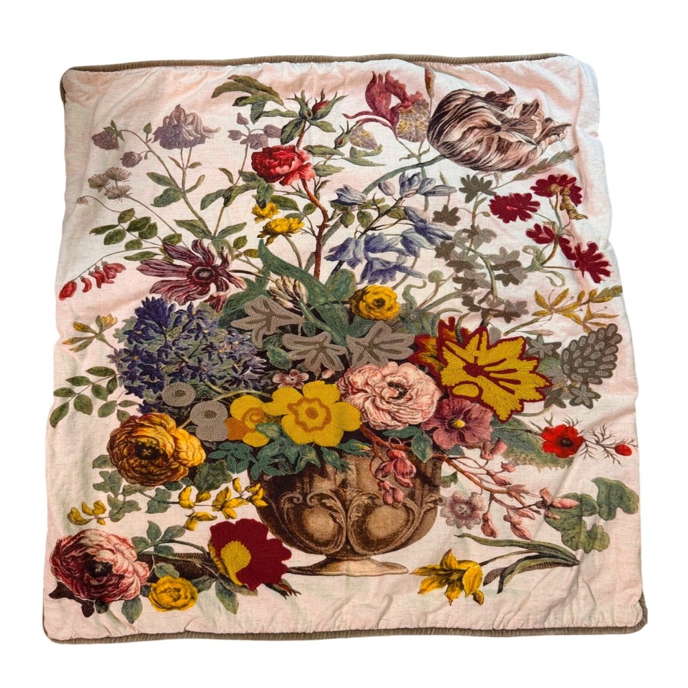 Creative Co-Op Still Life Pillow Cover 24x24 Embroidered Cotton Linen Botanical